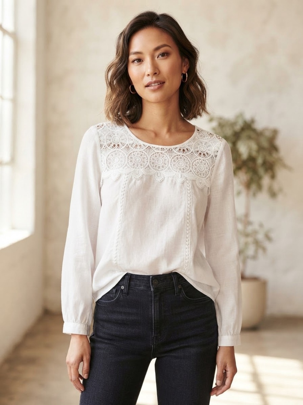 fig and flower White Crochet Yoke Long Sleeve Top
